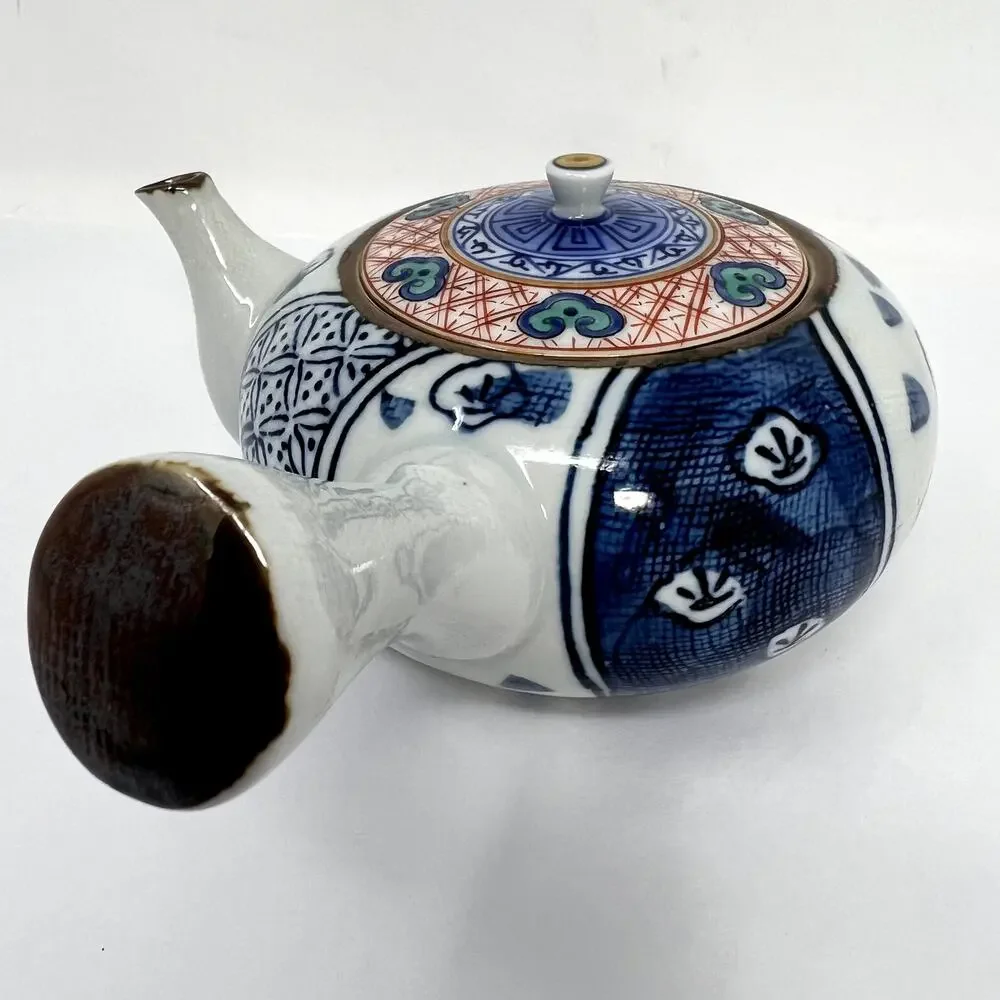 Japanese Blue White Kyusu Single Handle Teapot Geometric Art Asian Elegant Rare